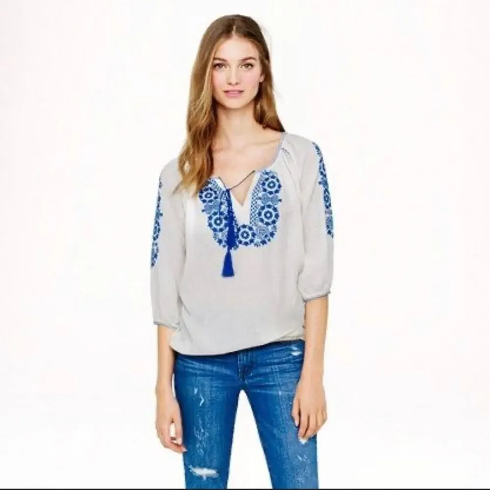 J.CREW Resort Boho Cotton 3/4 Sleeves Embroidered White Blue Top Women’s Size XS
